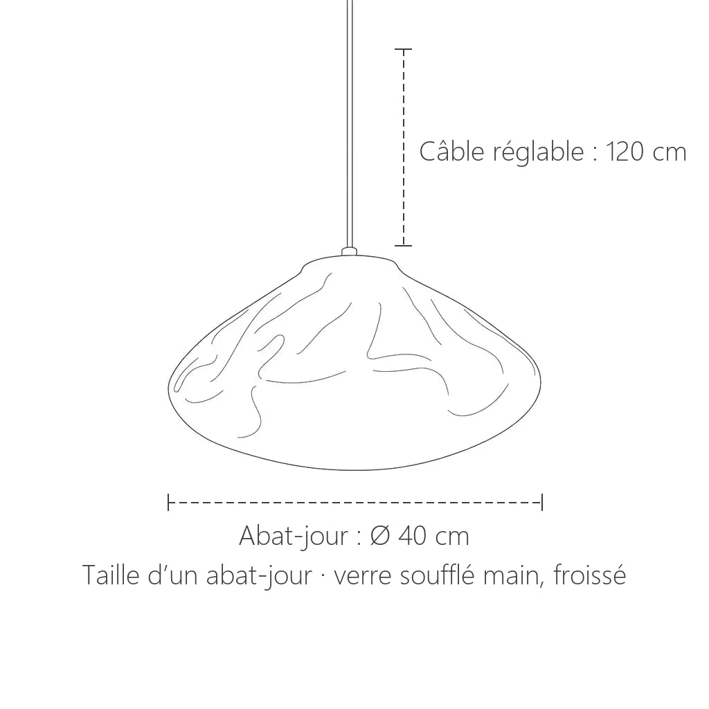 Dimensions d’un abat-jour en verre froissé : Ø 40 cm, câble 120 cm