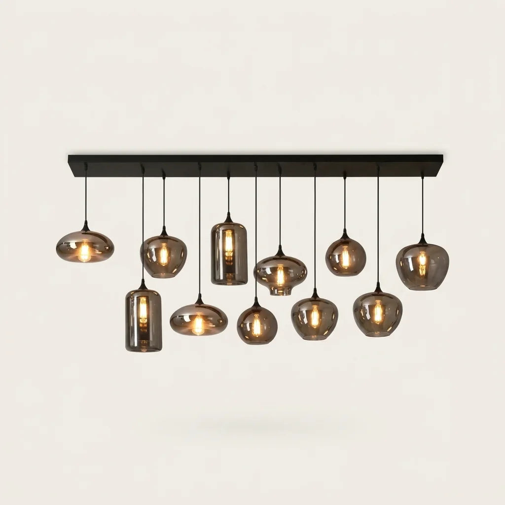 Suspension 10 globes assortis en verre fumé sur barre, version B