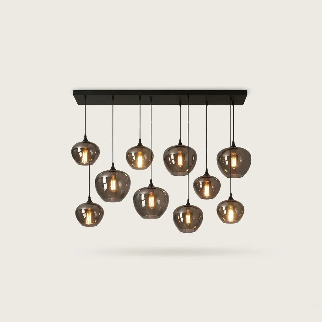 Suspension 10 globes identiques en verre fumé sur barre, version A