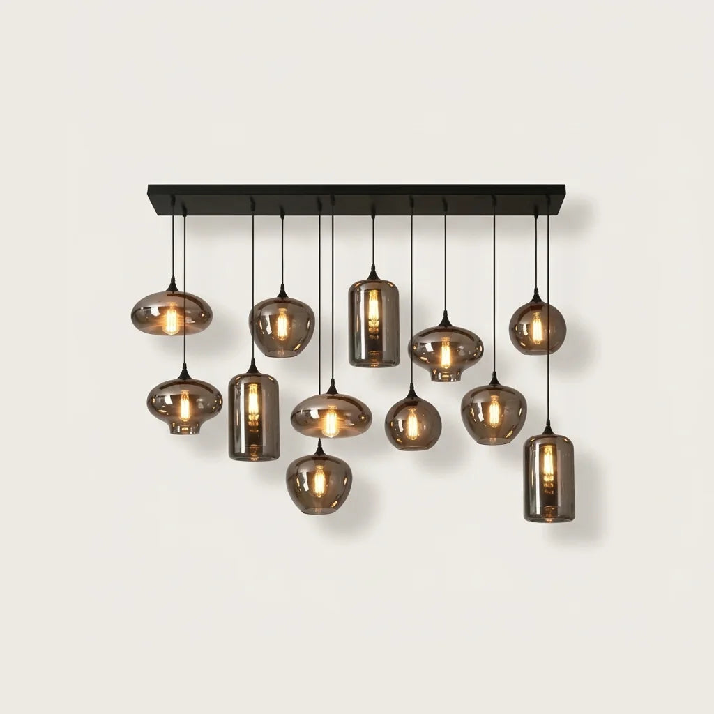 Suspension 12 globes assortis en verre fumé sur barre, version B