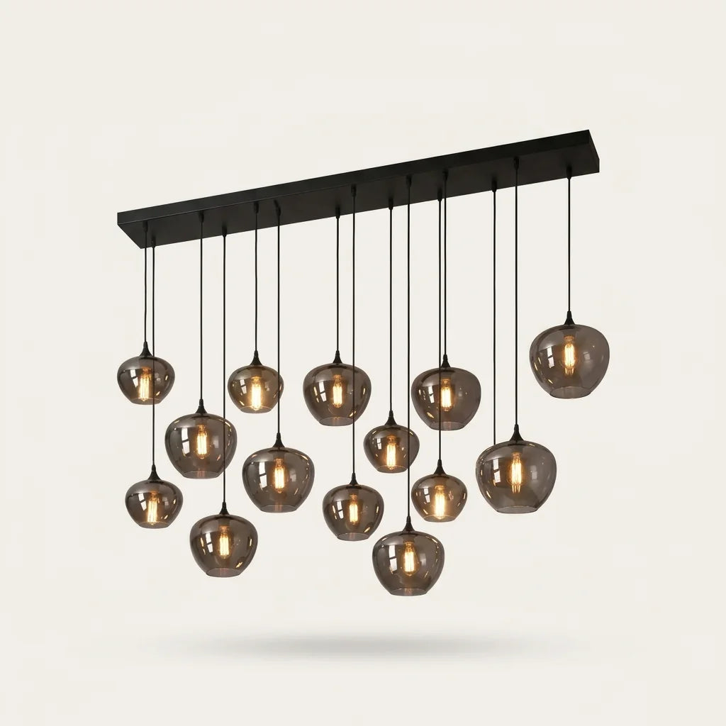 Suspension 12 globes identiques en verre fumé sur barre, version A