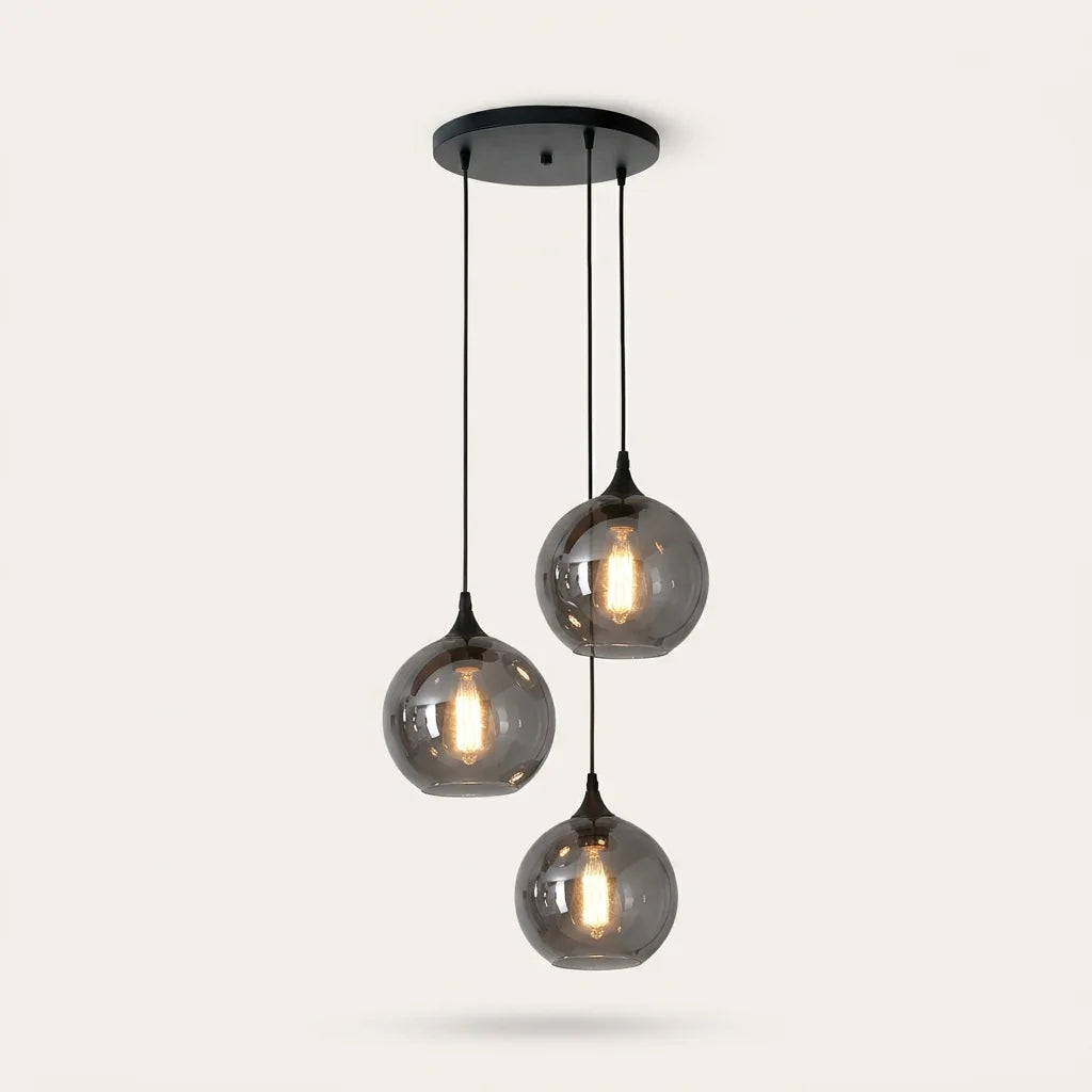 Suspension 3 boules en verre fumé sur rosace ronde, modèle B