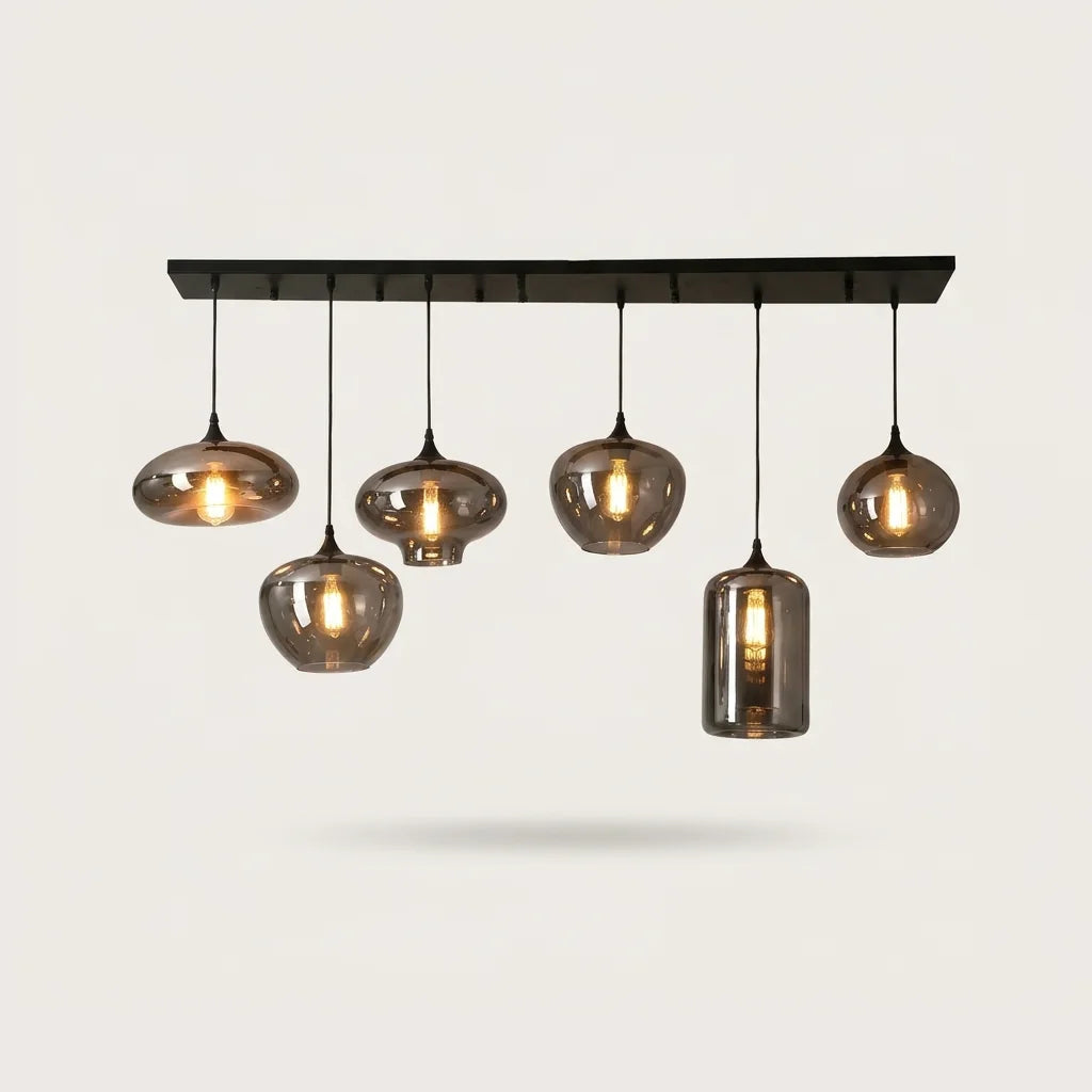 Suspension 6 globes assortis en verre fumé sur barre, version B