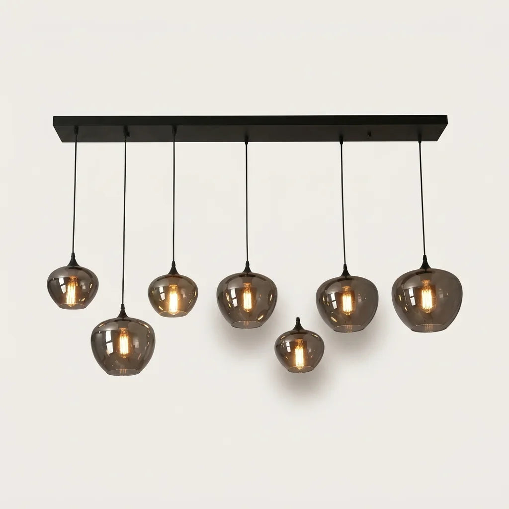 Suspension 6 globes identiques en verre fumé sur barre, version A
