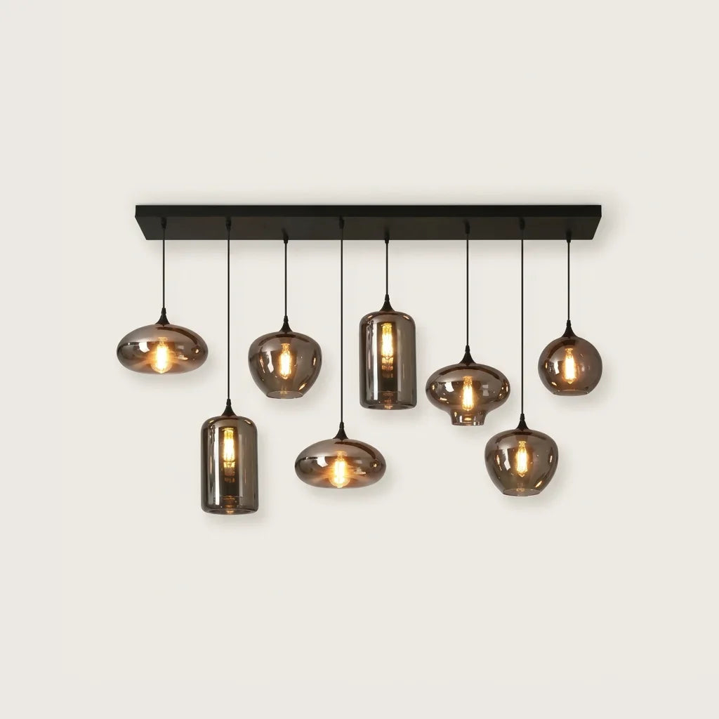 Suspension 8 globes assortis en verre fumé sur barre, version B