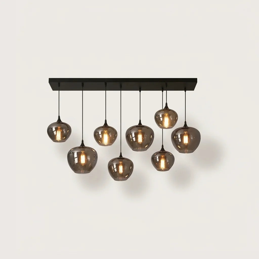 Suspension 8 globes identiques en verre fumé sur barre, version A