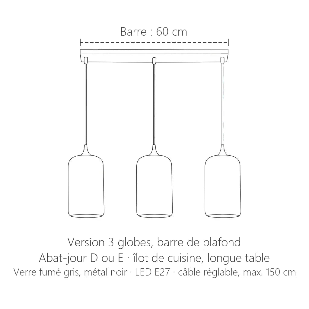 Dimensions de la suspension verre fumé 3 globes sur barre de 60 cm
