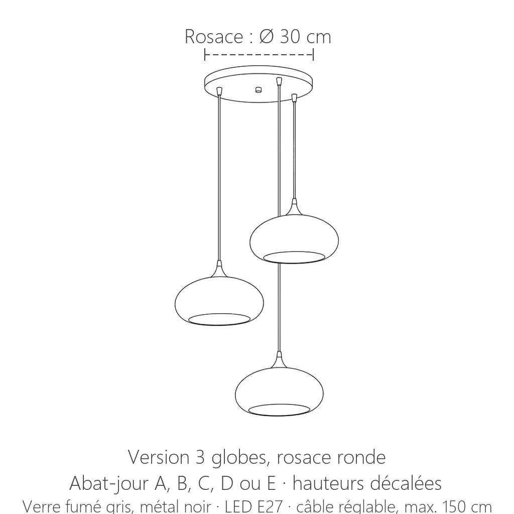 Dimensions de la suspension verre fumé 3 globes sur rosace ronde Ø 30 cm