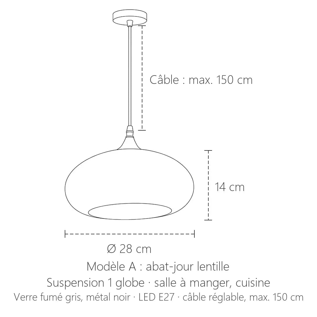 Dimensions de la suspension verre fumé modèle A : Ø 28 cm, hauteur 14 cm