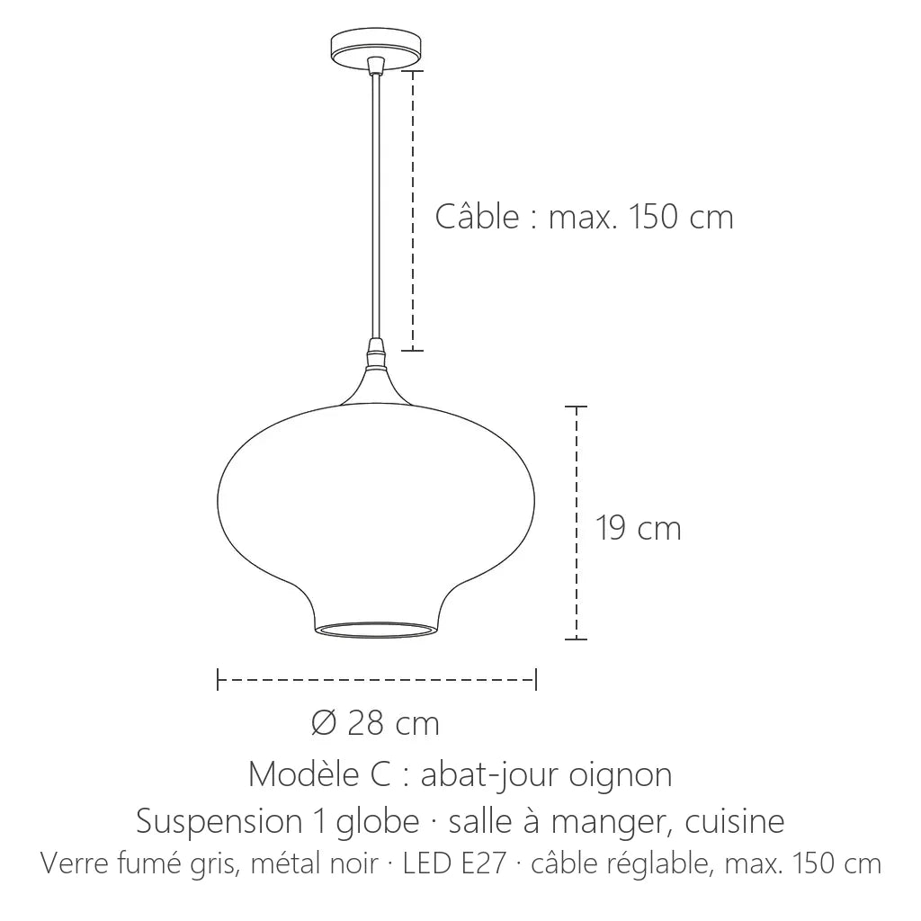 Dimensions de la suspension verre fumé modèle C : Ø 28 cm, hauteur 19 cm
