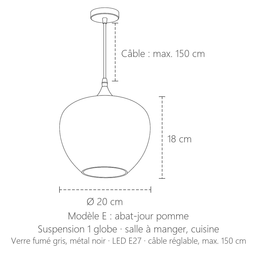 Dimensions de la suspension verre fumé modèle E : Ø 20 cm, hauteur 18 cm