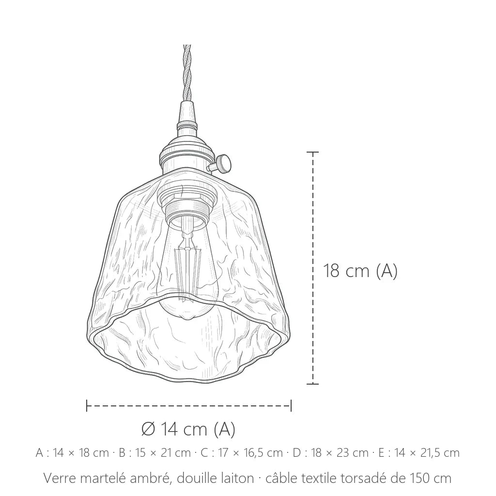 Dimensions de la suspension en verre martelé ambré selon le modèle