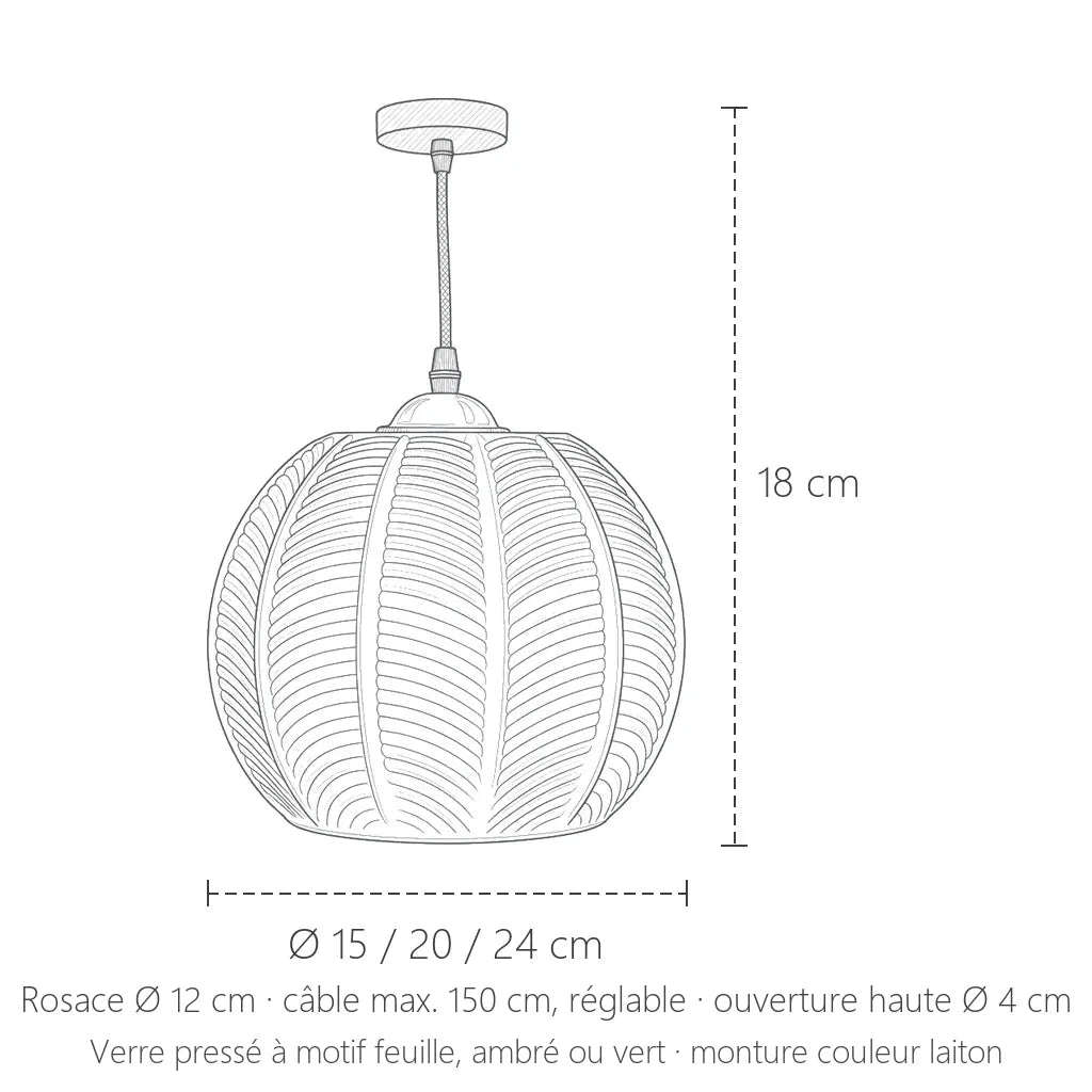 Dimensions de la suspension en verre à motif feuille : Ø 15, 20 ou 24 cm