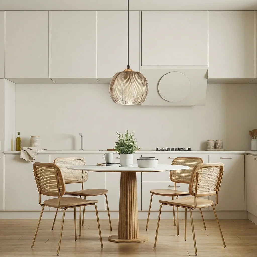Suspension en verre ambré au-dessus d’une table ronde