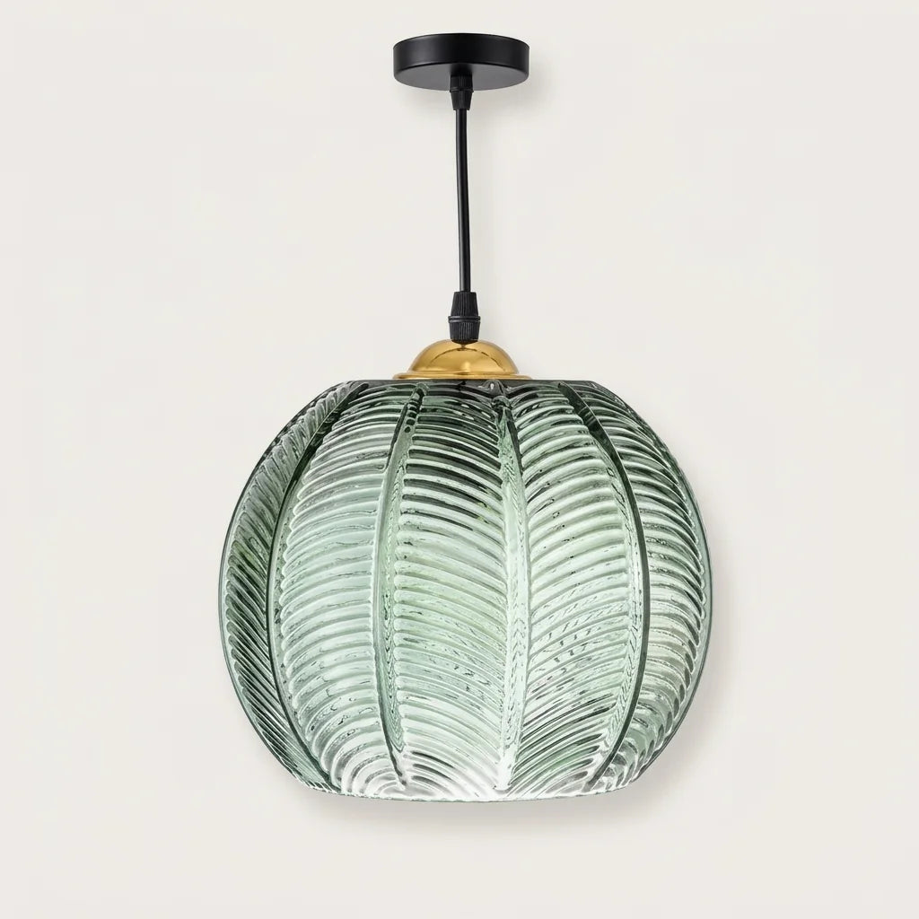 Suspension en verre vert à motif feuille