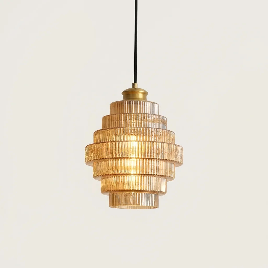 Suspension en verre nervuré à étages, verre ambré