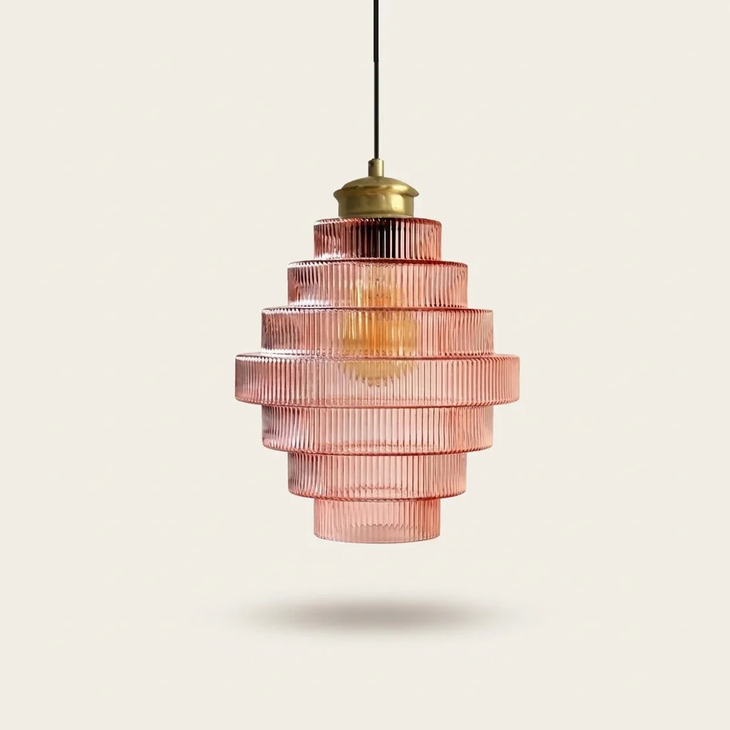 Suspension en verre nervuré à étages, verre rose