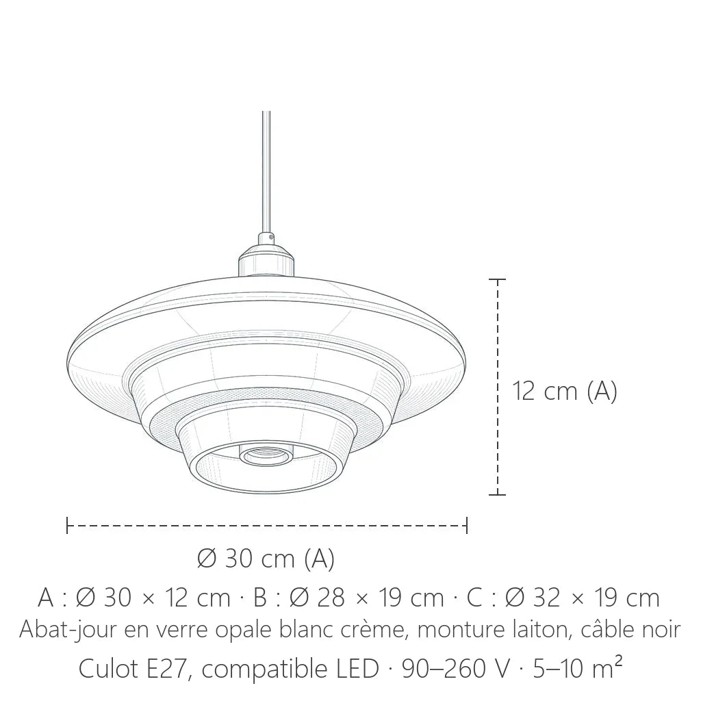 Dimensions de la suspension en verre opale à étages, par modèle