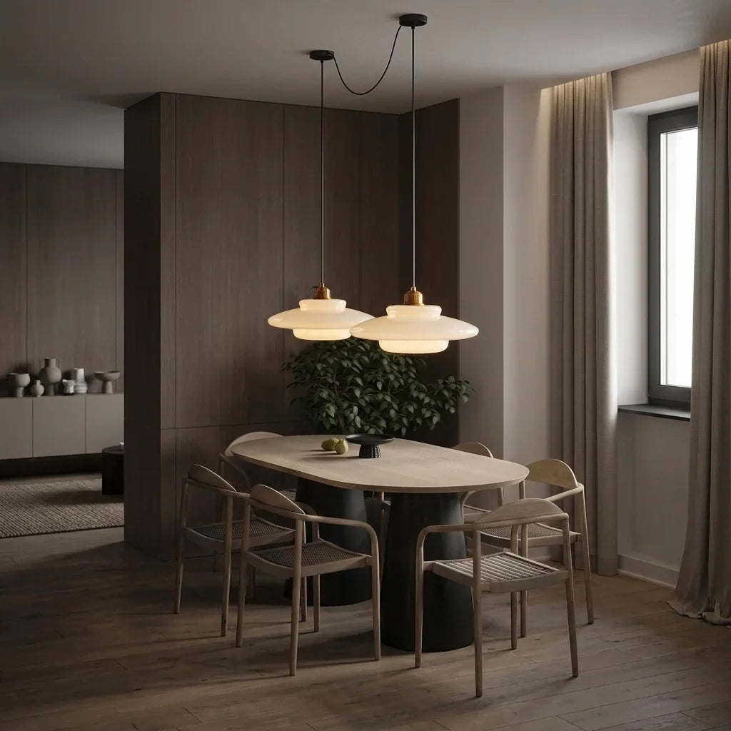Suspensions opale au-dessus d’une table en bois