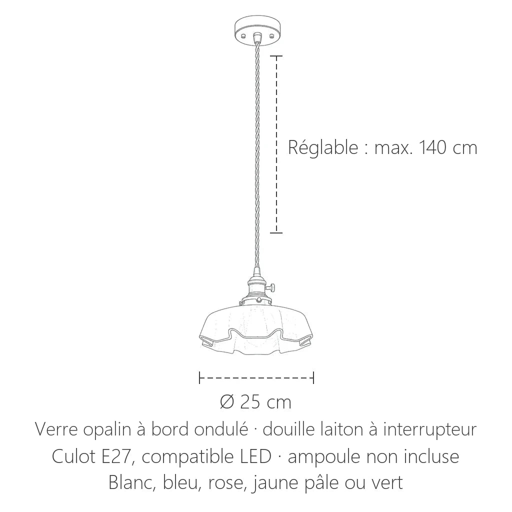 Dimensions de la suspension en verre opalin ondulé : Ø 25 cm, câble jusqu’à 140 cm