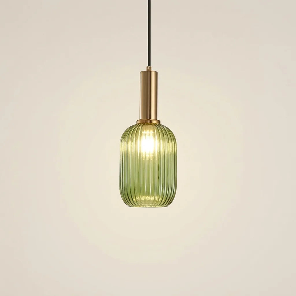 Petite suspension cylindre en verre strié vert