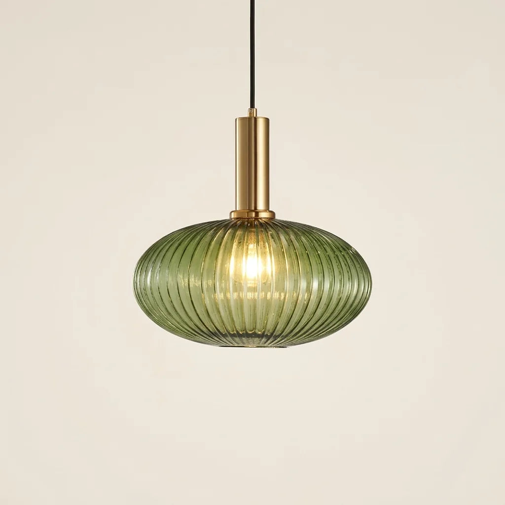 Grande suspension globe aplati en verre strié vert