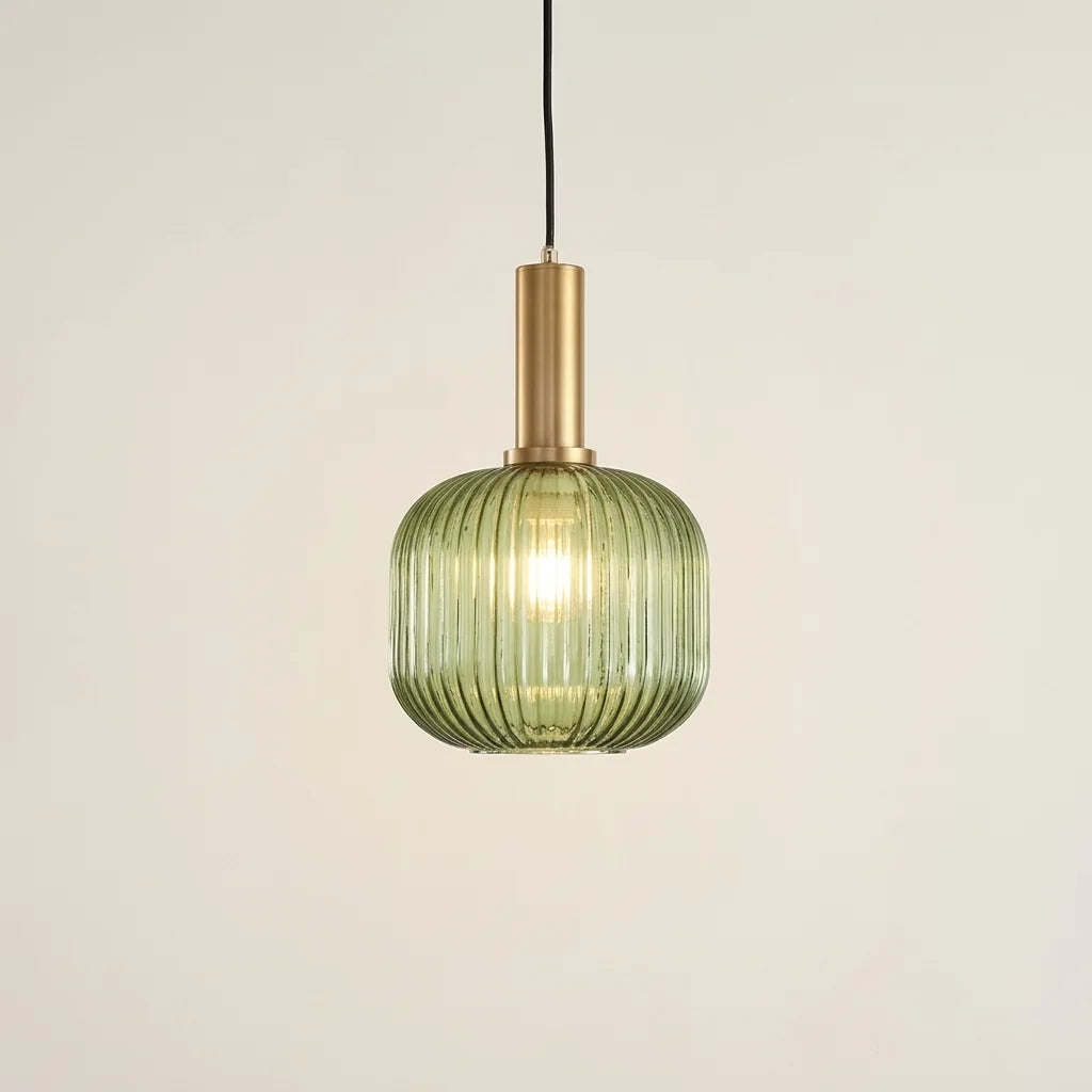 Suspension en verre strié vert forme lanterne