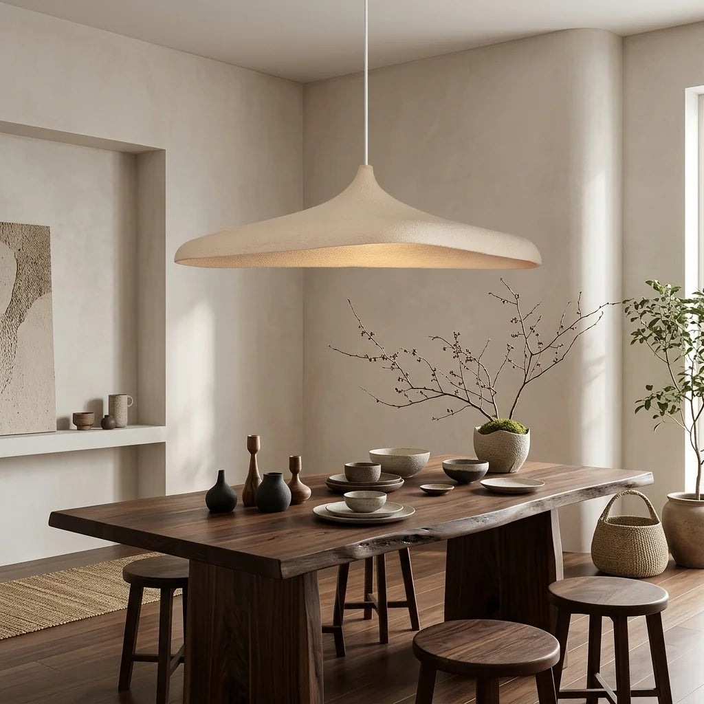 Suspension wabi-sabi au-dessus d’une table en bois sombre