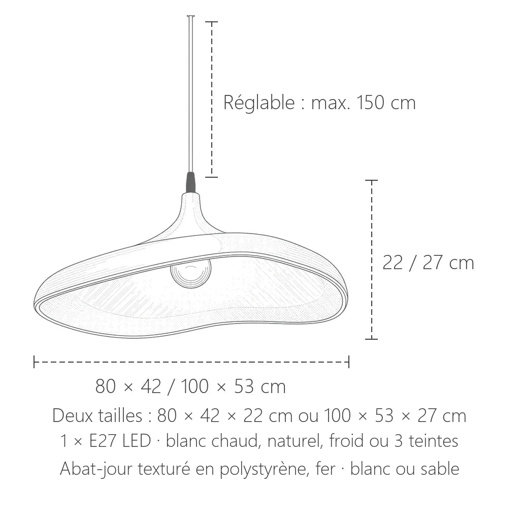 Dimensions de la suspension wabi-sabi ovale : 80 × 42 ou 100 × 53 cm