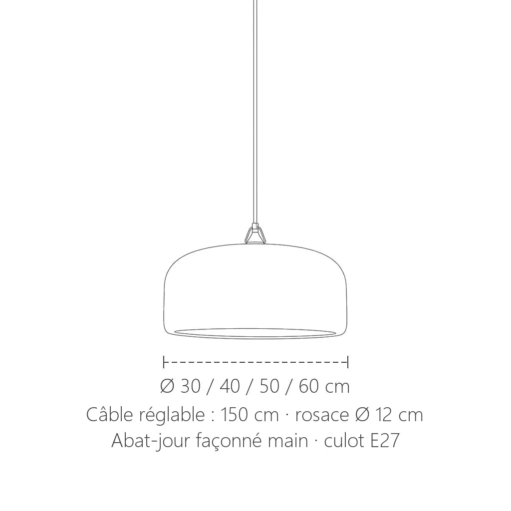 Dimensions de la suspension wabi-sabi tambour : Ø 30 à 60 cm, câble 150 cm