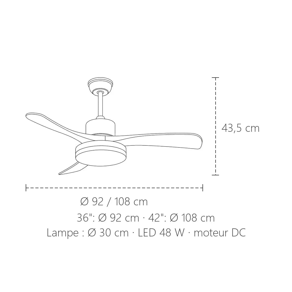 Dimensions du ventilateur moderne 3 pales : Ø 92 ou 108 cm, 43,5 cm de haut
