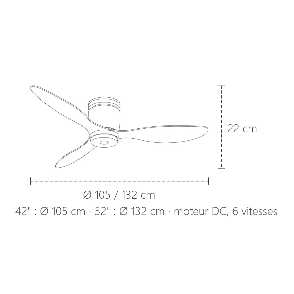 Dimensions du ventilateur de plafond 3 pales : Ø 105 ou 132 cm, hauteur 22 cm