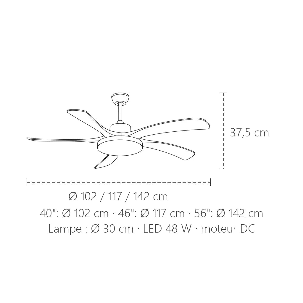 Dimensions du ventilateur 5 pales : Ø 102 à 142 cm, 37,5 cm de haut