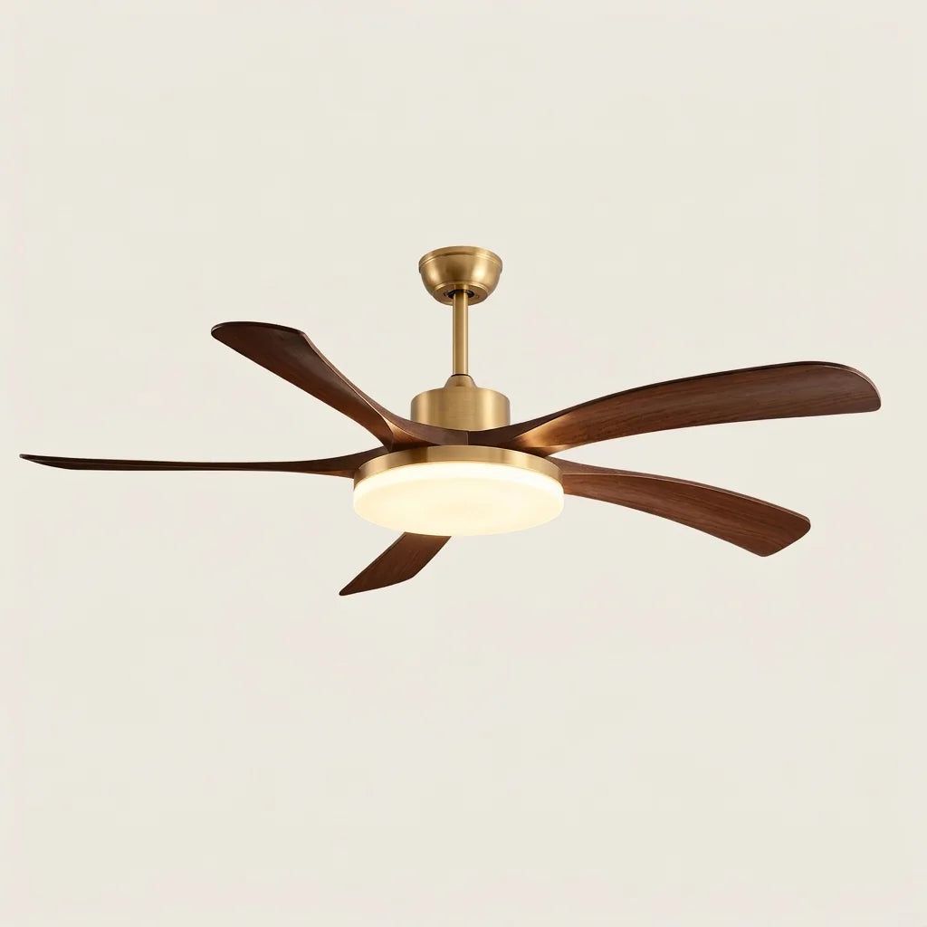 Ventilateur de plafond 5 pales doré et noyer