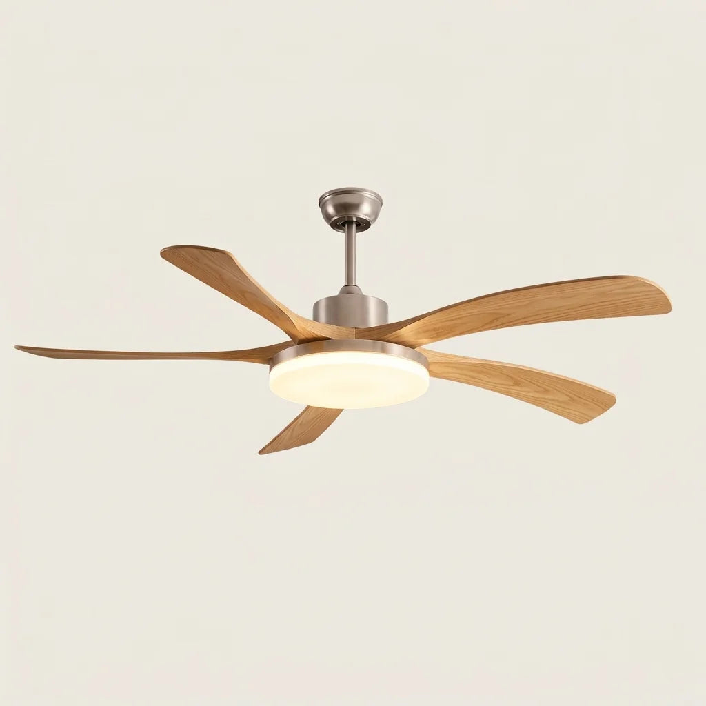 Ventilateur de plafond 5 pales nickel sablé et bois clair