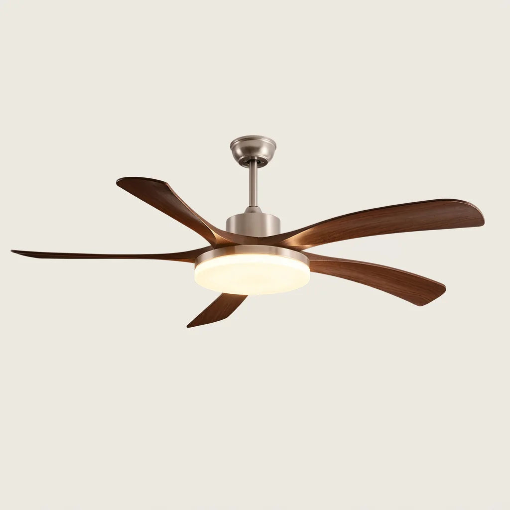 Ventilateur de plafond 5 pales nickel sablé et noyer, lampe LED