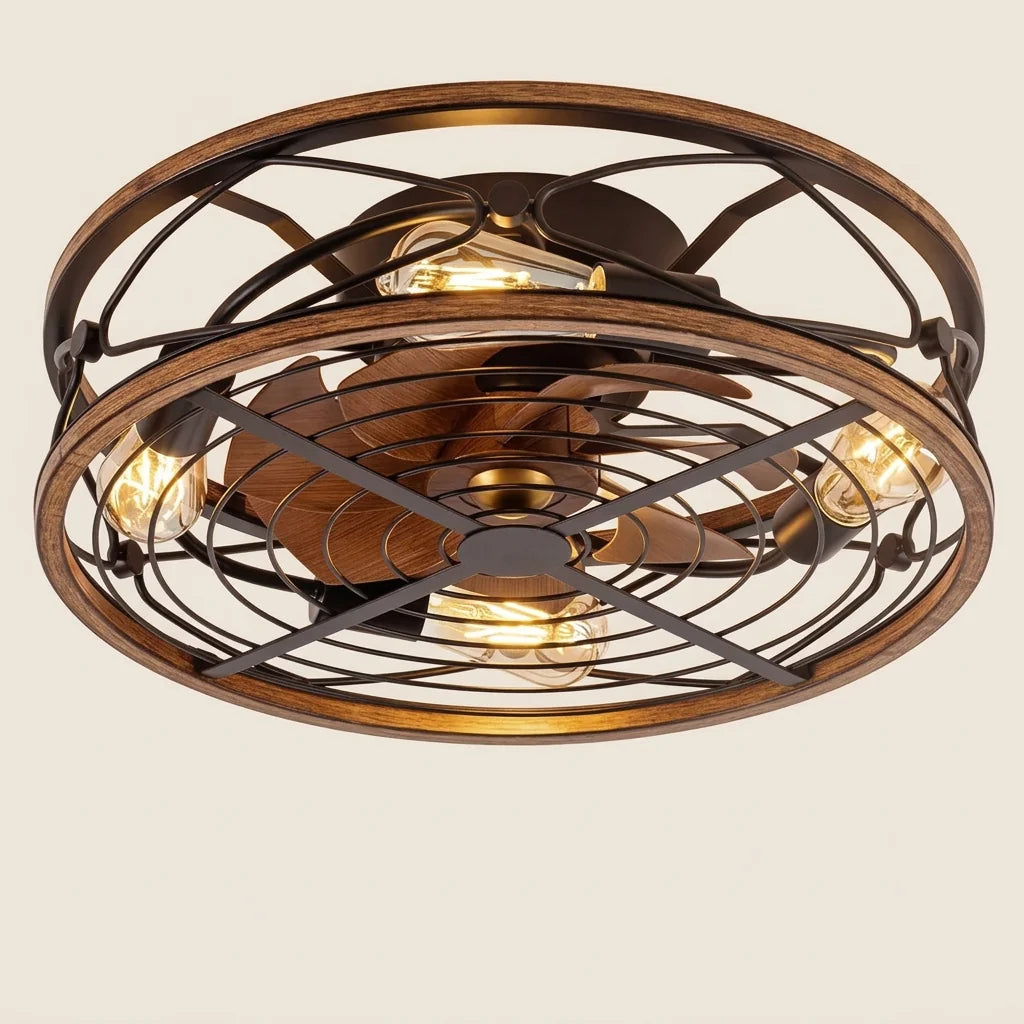 Ventilateur de plafond cage farmhouse à cerclages effet bois