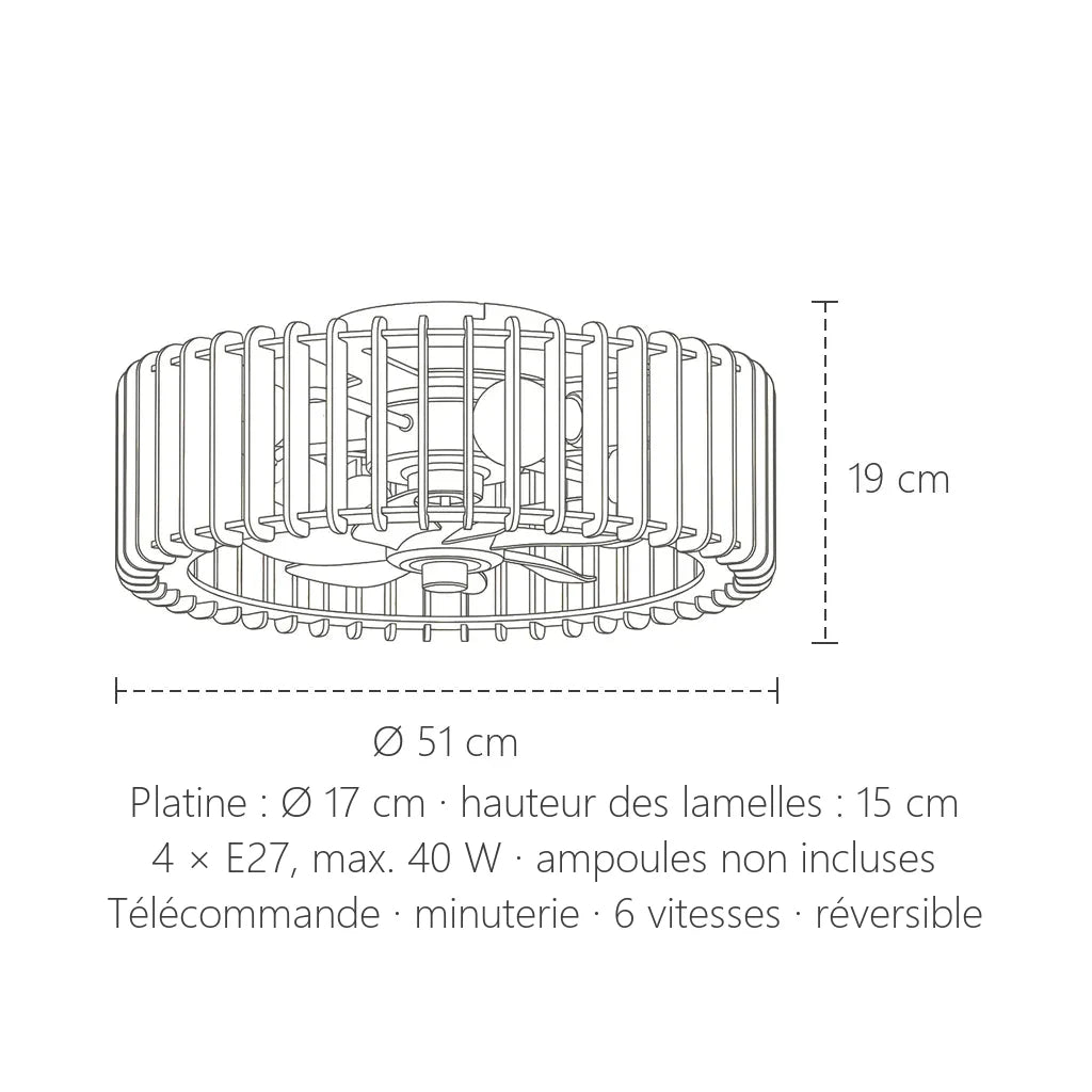 Dimensions du ventilateur de plafond à lamelles de bois : Ø 51 cm, 19 cm de haut