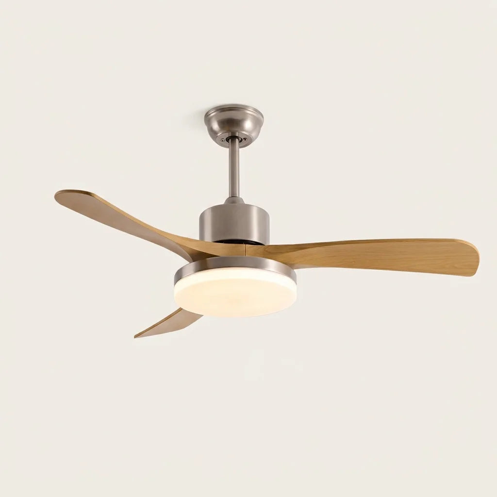 Ventilateur de plafond moderne nickel sablé à pales bois clair