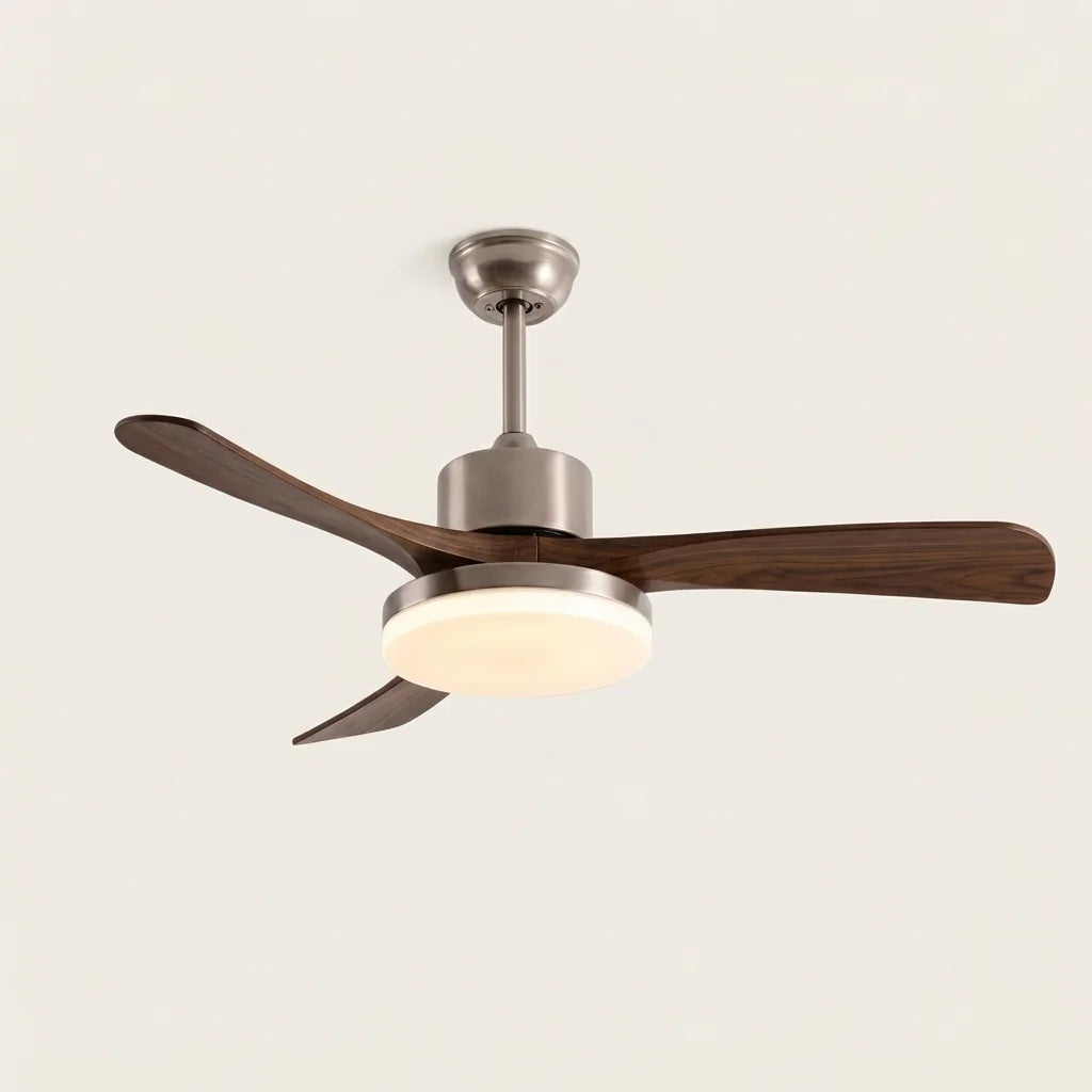 Ventilateur nickel sablé à pales bois foncé