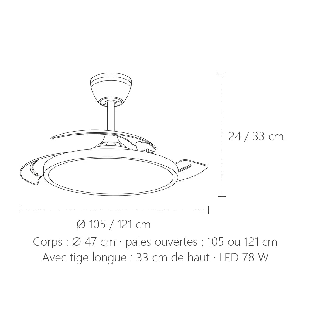 Dimensions du ventilateur de plafond à pales escamotables : Ø 105 ou 121 cm, hauteur 24 ou 33 cm