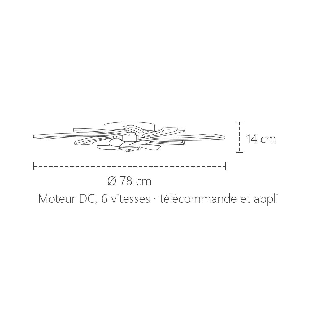 Dimensions du ventilateur à pétales : Ø 78 cm, 14 cm de haut