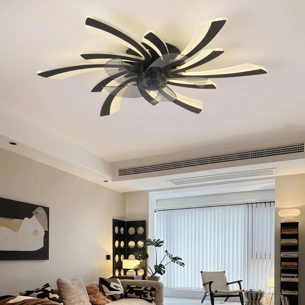 Ventilateur à pétales noir dans un salon moderne
