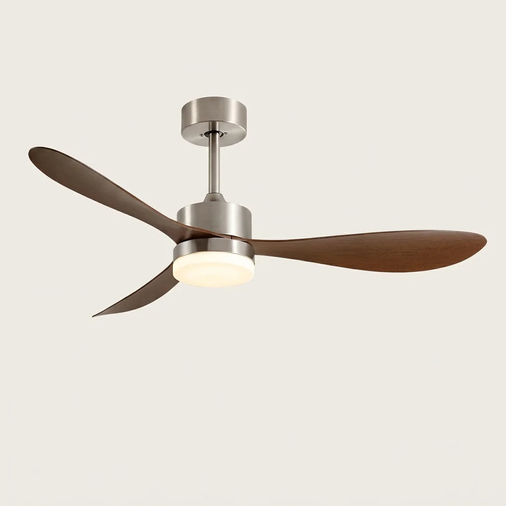 Ventilateur de plafond rétro argent à pales noyer, lampe LED