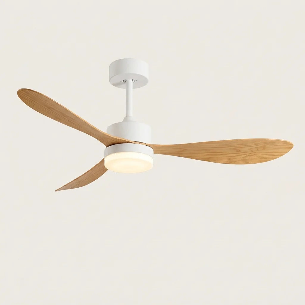 Ventilateur de plafond rétro blanc à pales bois clair