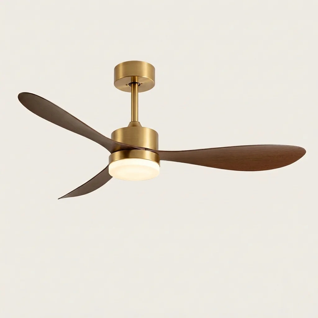 Ventilateur de plafond rétro doré à pales noyer