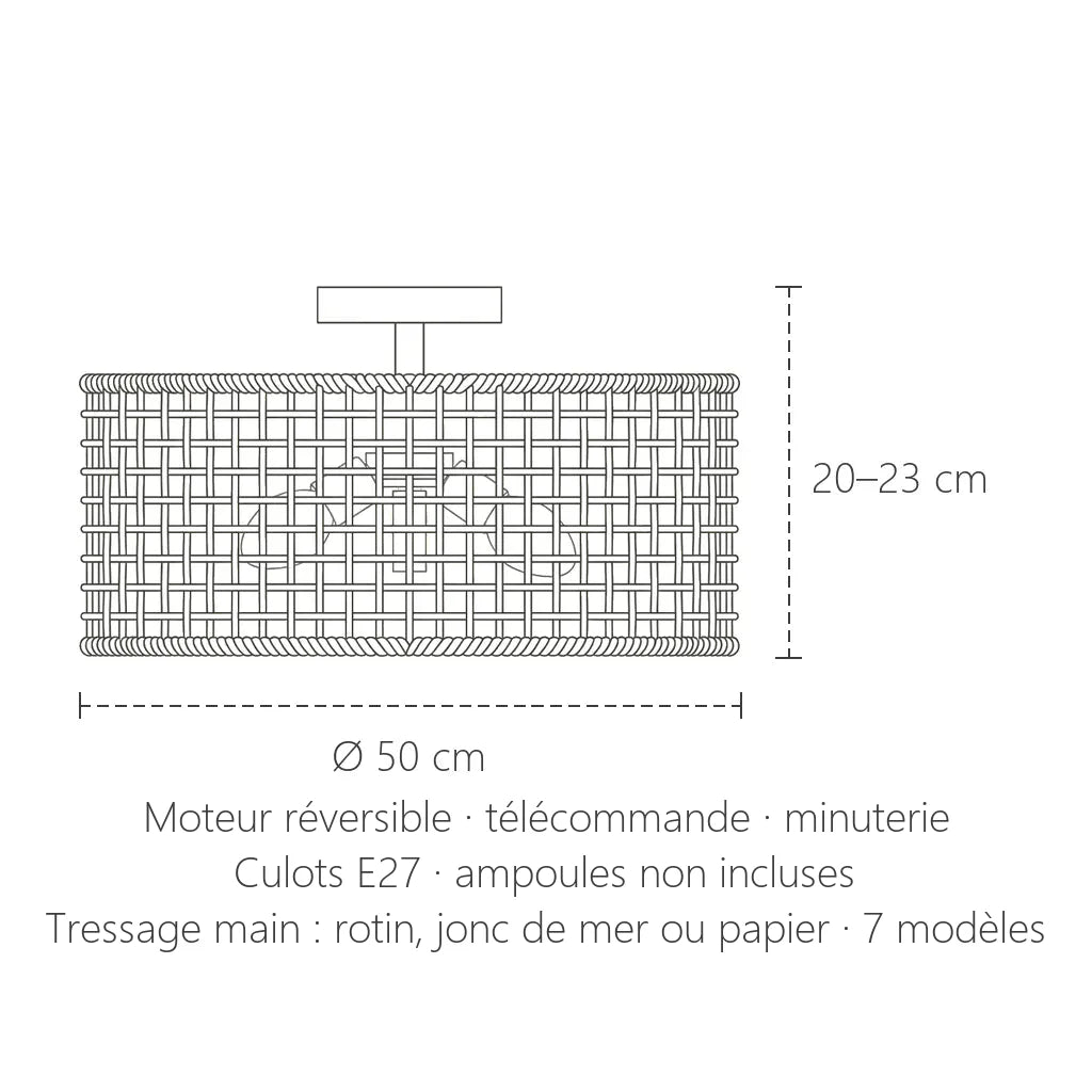 Dimensions du ventilateur de plafond en rotin tressé : Ø 50 cm, 20 à 23 cm de haut
