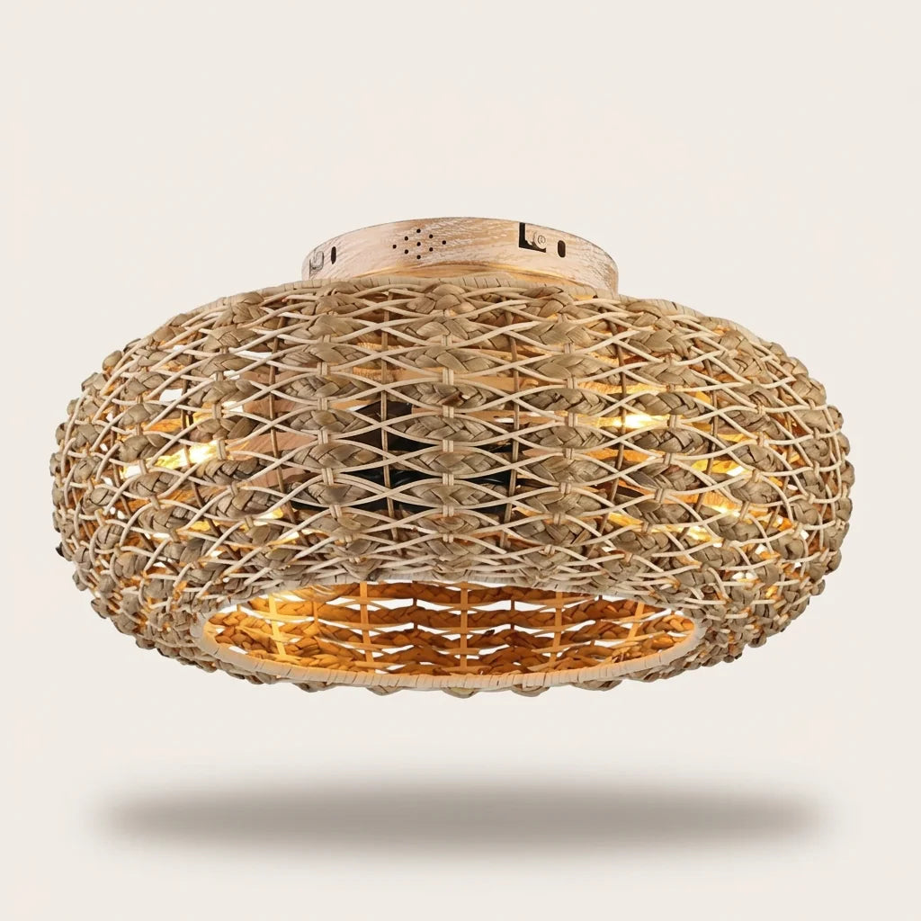 Ventilateur de plafond lumineux en fibres naturelles tressées