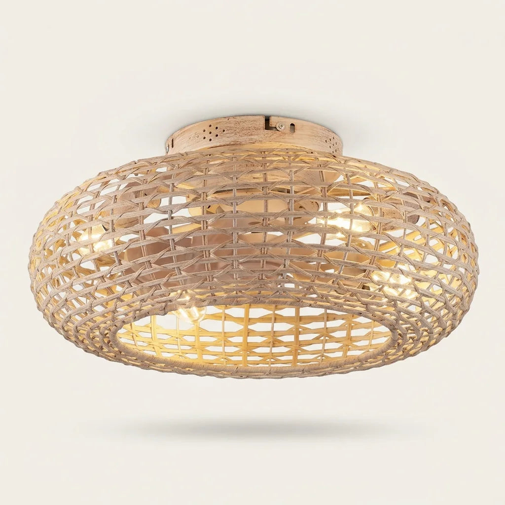 Ventilateur de plafond en rotin aux formes arrondies, modèle D