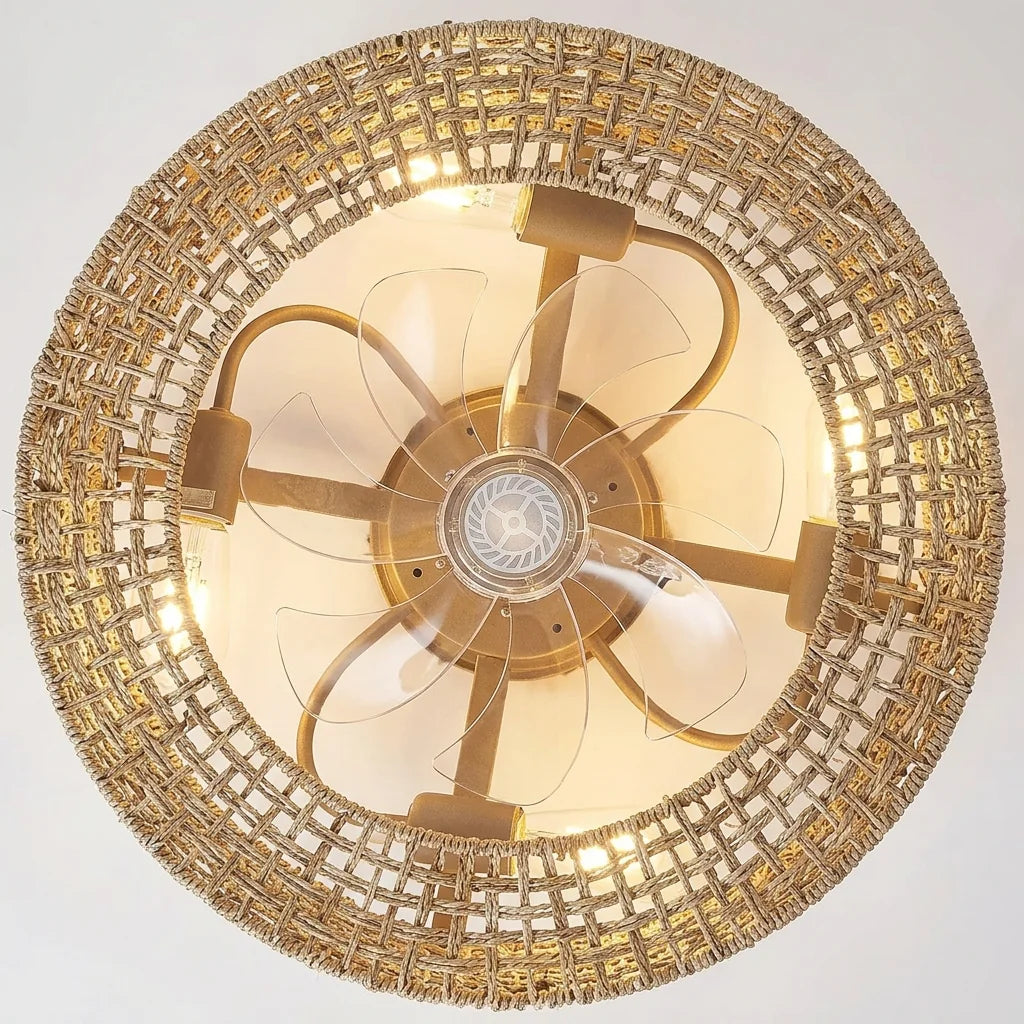 Pales et ampoules du ventilateur tressé vues de dessous